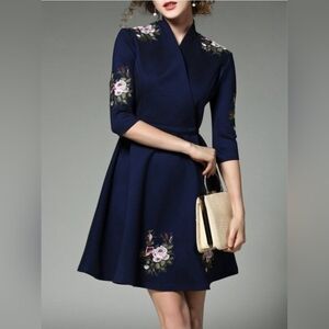 Navy Floral Embroidered Fit & Flare Dress